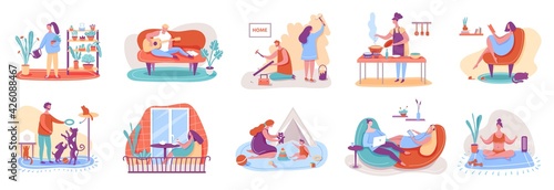 People relaxing at home. Man and woman watering plants, cooking, reading books, playing with pets, practicing yoga. Leisure time vector set. Characters doing renovation, drinking tea