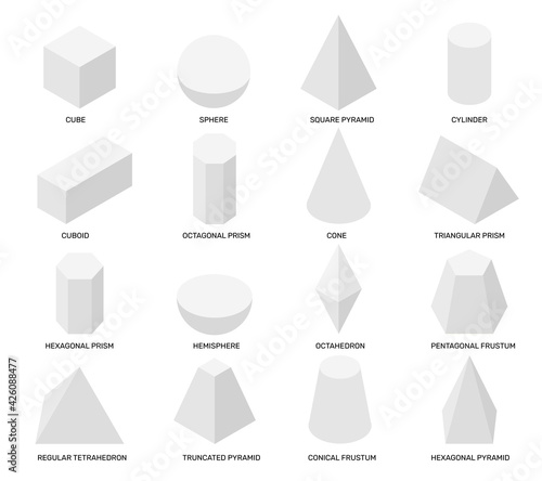 Isometric shapes. White isolated geometric objects  math templates for school studying and abstract design. Cube  prism 3d vector elements set. Science of geometry and math isolated forms