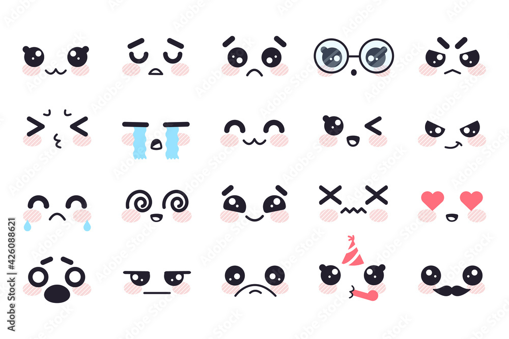 Obraz premium Kawaii faces. Manga face cute japanese characters, cartoon emoji facial emotions. Smile, sad and anger, cry and joy, love vector set. Happy and sad expression, celebrating birthday