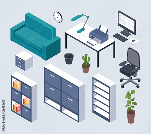 Isometric furniture. Office desk with monitor, computer mouse and lamp, printer and clock, armchair. Couch, plant in pot 3d interior vector set. Bookshelf with folders, workplace for employee