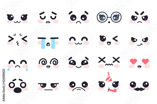 Kawaii faces. Manga face cute japanese characters, cartoon emoji facial emotions. Smile, sad and anger, cry and joy, love vector set. Happy and sad expression, celebrating birthday