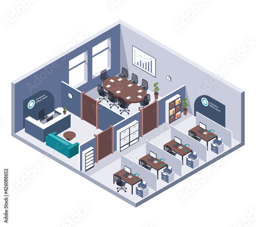 Isometric office. Room interior with furniture, desk and computer, printer and reception. Business building cutaway 3d vector company workplace. Coworking space and meeting or project room photo
