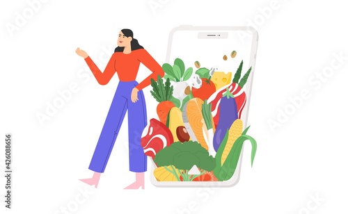 Flat vector illustration with dietetic products or organic products or balanced nutrition. 
Concept of online order food or a diet plan. 