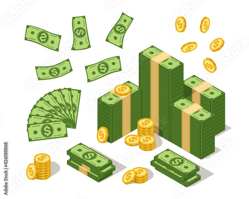 Isometric banknotes and coins. US currency dollars and golden coin, cartoon cash with american bucks symbol. Investment and banking vector set. Flying cash papers and piles. Wealth and fortune