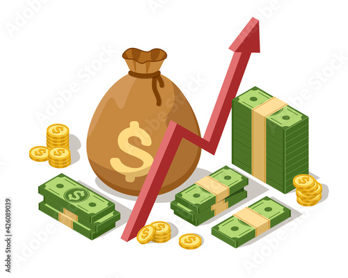 Money investment concept. Isometric growth graph, cash bag with gold coins and dollars banknotes. Invest, increase profit vector background. Statistic growing data, accounting and analysis