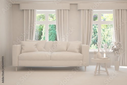 Mock up of stylish room in white color with sofa and green landscape in window. Scandinavian interior design. 3D illustration