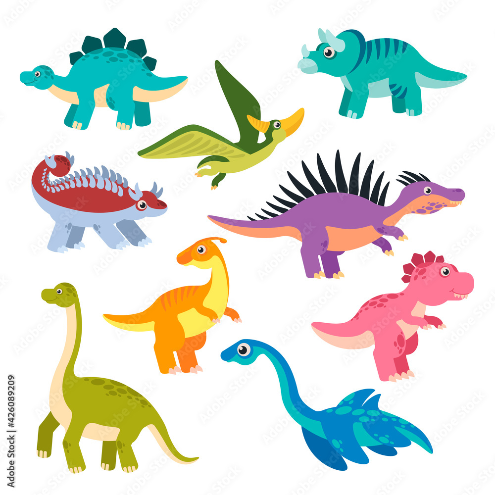 Obraz premium Cute dino. Cartoon dinosaurs, baby dragons, prehistoric monsters. Funny jurassic animals vector childish isolated characters. Dino party decoration, children holiday creature decor