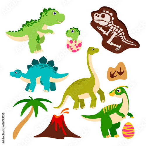 Cute dinosaurs. Cartoon dino  baby dragon in egg  prehistoric monster skeleton  palm tree and volcano. Funny jurassic animals vector characters for children book or party event decor