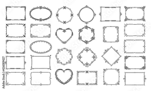 Decorative frames. Elegant floral heart, circle ornaments. Calligraphic ornate certificate, book decoration. Hand drawn vintage border vector set. Rectangle, square, rhombus, ellipse decorated shapes