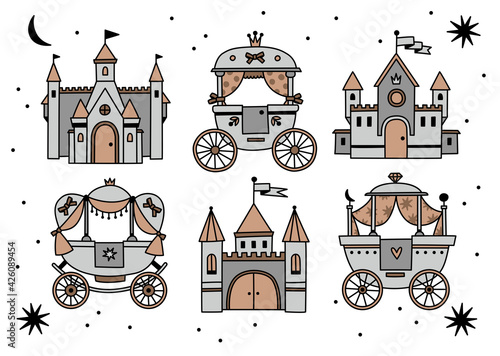 Set of vector castles and carriages for children