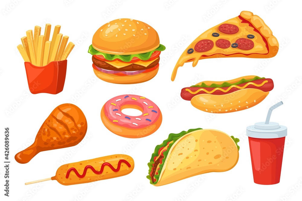 Fast food. Pizza and hamburger, cola and hot dog, chicken and donut, sandwich and corn dog. Isolated cartoon fastfood vector set. Having junk tasty meal as french fries, sausage and taco