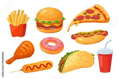 Fast food. Pizza and hamburger, cola and hot dog, chicken and donut, sandwich and corn dog. Isolated cartoon fastfood vector set. Having junk tasty meal as french fries, sausage and taco