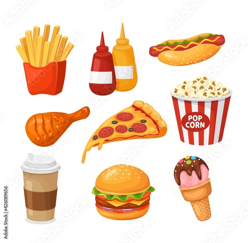 Fast food. Cartoon french fries, ketchup and hot dog, chicken and pizza, coffee and burger, popcorn and ice cream. Takeaway junk food vector set. Hot drink, bottles of sauce and tasty meal