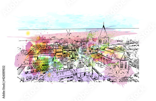 Building view with landmark of Ede is the 
municipality in the Netherlands. Watercolour splash with hand drawn sketch illustration in vector.