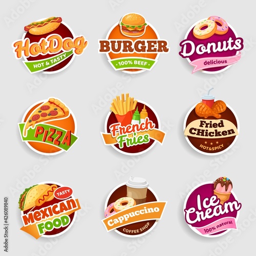 Fast food labels. Fries, burger and pizza, chicken and mexican food, donuts and ice cream, hot dog and coffee shop Vector isolated stickers for cafe, restaurant or eatery. Isolated badges