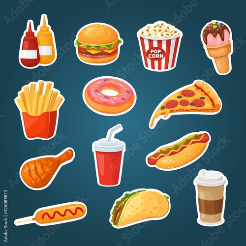Fast food stickers. Burger, popcorn and fries, hot dog. Ketchup, mustard drinks, chicken and donut, tacos and ice cream sticky labels vector set. American snacks, junk meals and drinks