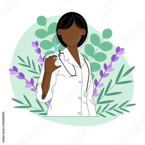 Doctor with a syringe. Female doctor of African American nationality. Homeopathy. Vector illustration