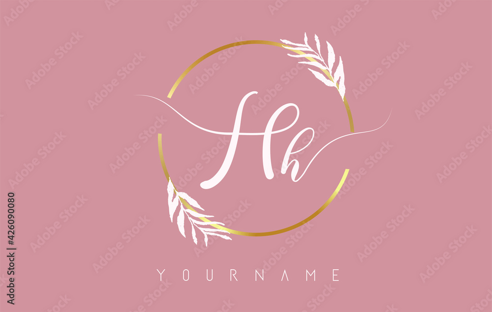 Hh h Letters logo design with golden circle and white leaves on branches around. Vector Illustration with H and h letters. Hh h Letters logo design with golden circle and white leaves on branches around. Vector Illustration with H and h letters.