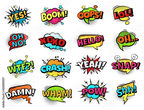 Comic sound bubbles. Cartoon action words, boom, oops and pow, yes and oh, lol. Retro comic book text bubbles with halftone vector set. Expression of emotions in pop art style elements