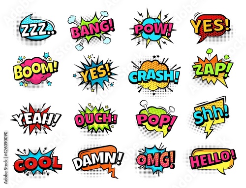 Comic speech bubbles. Cartoon expressions zam, boom and crash, cool and omg, lol. Retro comics text bubble with halftone vector set. Dialog or talk clouds of different shape and color