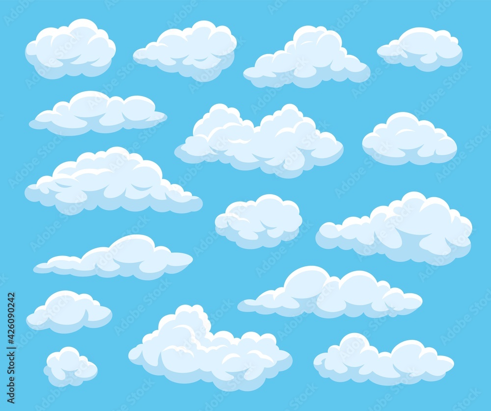 Cartoon clouds. Blue cloudy sky with white floating fluffy cloud shapes. 2d game, atmospheric vector isolated elements. Good weather, bright heaven and beautiful cloudscape outdoor