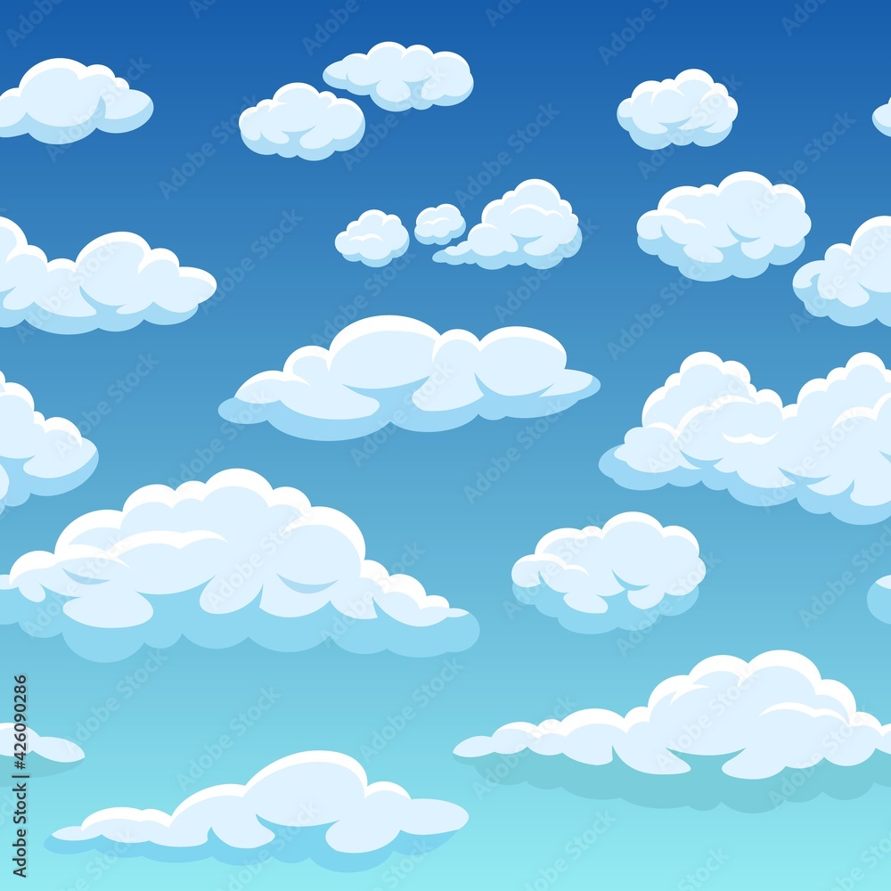 Seamless sky with clouds. Cute cloudy blue sky 2d game pattern, heaven summer weather background vector texture. Cloudscape view for wallpaper or kid wallpaper or book bright design