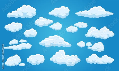 White cartoon clouds. Cute cloudy blue sky 2d game comic elements, heaven summer weather background isolated vector set. Summertime cloudscape view, bright and warm weather conditions