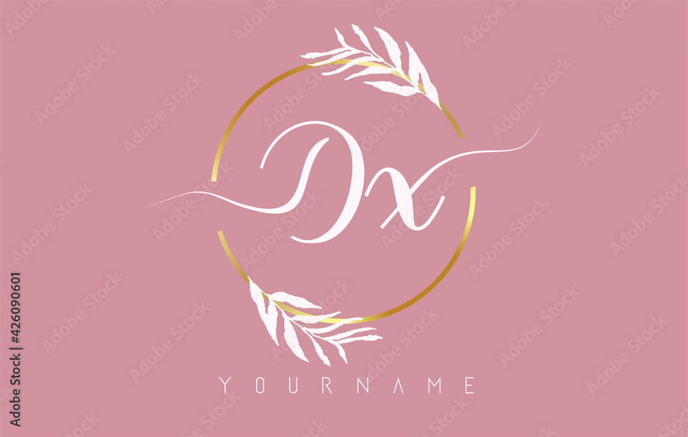 DX d x Letters logo design with golden circle and white leaves on branches around. Vector Illustration with D and X letters. DX d x Letters logo design with golden circle and white leaves on branches around. Vector Illustration with D and X letters.
