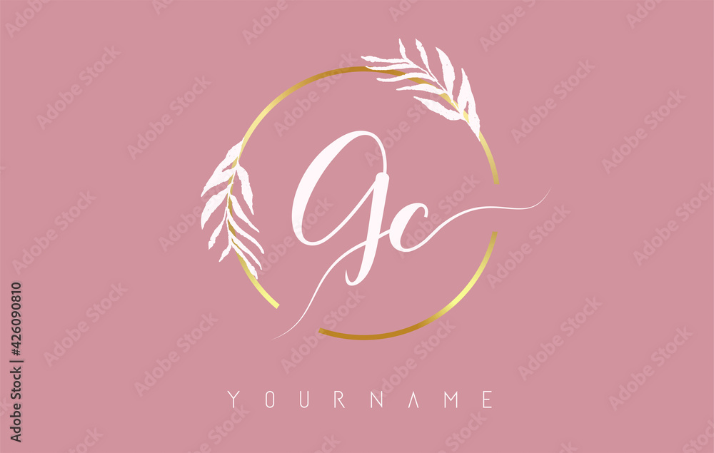 GC g c Letters logo design with golden circle and white leaves on branches around. Vector Illustration with G and C letters.