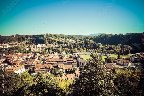 Panoramic shot of the old town of Fribourg, with the Lorette hill in the background, shot in Fribourg, Switzerland