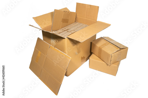 Several cardboard boxes of different sizes isolated