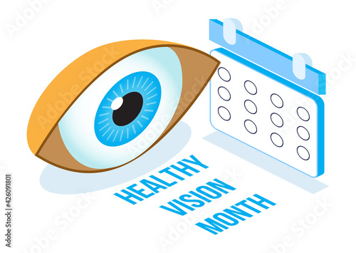 Healthy vision month concept isometric vector. Medical ophthalmologist eyesight check up illustration. Eye illustration for health care web banner