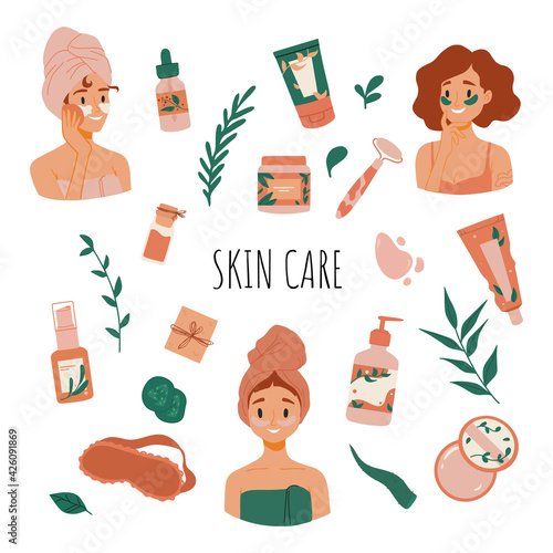 Skin care routine. Young girl face skin, organic natural cosmetic products, tube, foam, mask, oil, cream. Korean cosmetics. Woman in towel portrait with eye patches, care supplies. Beauty procedures