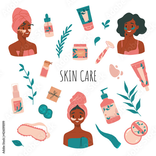Skin care routine. Young girl face skin, organic natural cosmetic products, tube, foam, mask, oil, cream. Korean cosmetics. Woman in towel portrait with eye patches, care supplies. Beauty procedures