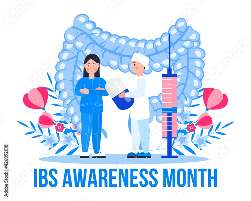 Irritable Bowel syndrome awareness month observed in April. IBS medical event concept vector. Tiny doctors treat intestine