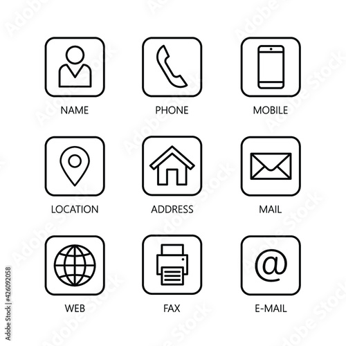 Vector business card contact icon set, Simple thin line design illustration