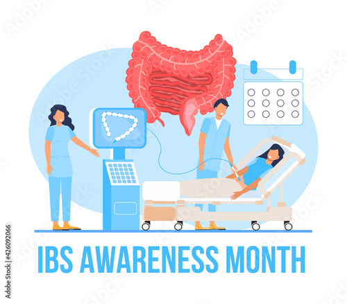 Irritable Bowel syndrome awareness month observed in April. IBS medical event concept vector. Tiny doctors treat intestine