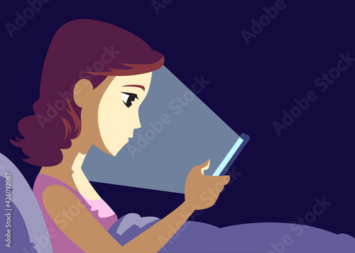 Woman using smartphone on bed in the darkness, Light from mobile phone negatively affects to the eyes, Mobile addiction concept, Vector illustration