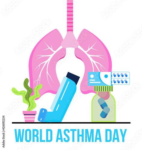 World asthma day concept vector. Inhaler, nebulizer are shown. Metaphor of tuberculosis, pneumonia, lung diagnosis x-ray machine. Bronchitis illustration for medical website, blog
