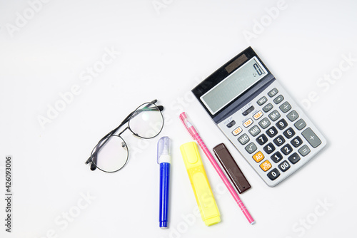 Set of Stationery office equipment or study as Glasses Marker  pens  and liquid on white background. Back to school concept. work and write concept. think business. copy space. text message.