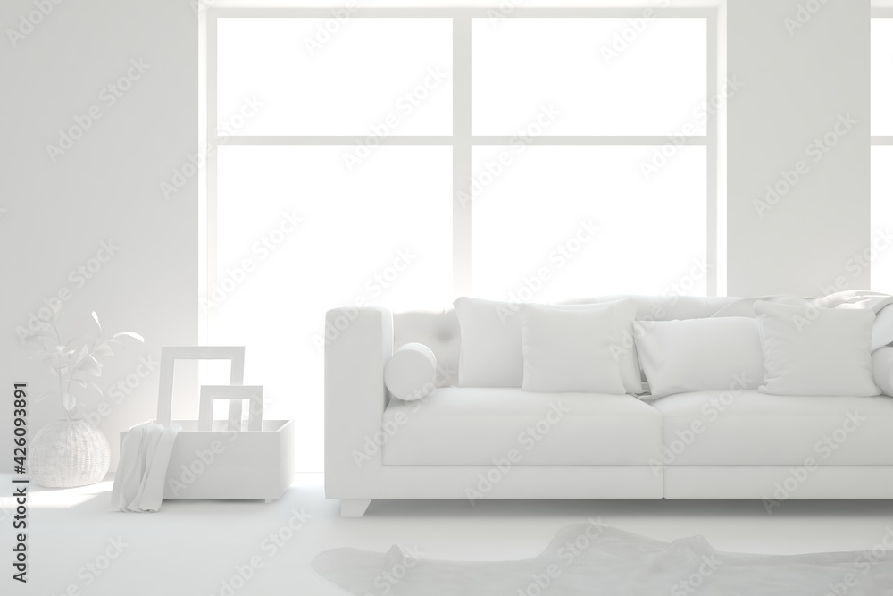 Fototapeta premium White minimalist living room with sofa. Scandinavian interior design. 3D illustration