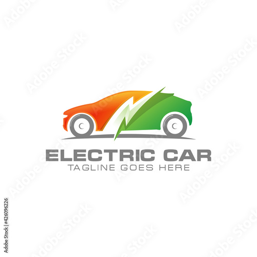 Modern electric car logo, car with thunderbolt Premium Vector