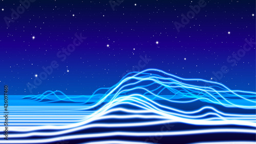 Synthwave or vaporwave abstract landscape with neon light rays terrain in retro space. 80s or 90s styled background with shiny neon mountain lines.