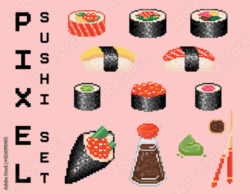 Pixel art sushi set. Pixel japanese food elements collection. Pixel art sushi, maki, roll, wasabi, chopsticks, egg, soy sauce, and more. retro 8 bit pixels japanese sushi set vector illustration.