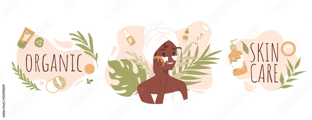 Skin care routine. Young girl face skin, organic natural cosmetic products. Korean cosmetics. African Woman in towel portrait with eye patches, care supplies. Beauty procedures vector cartoon icon.