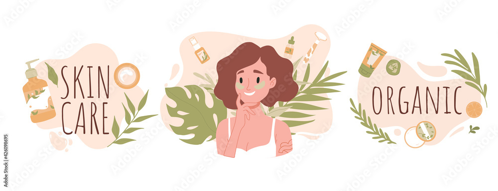 Skin care routine. Young girl face skin, organic natural cosmetic products. Korean cosmetics. Woman in towel portrait with eye patches, care supplies. Beauty procedures vector cartoon icon. Skin care routine. Young girl face skin, organic natural cosmetic products. Korean cosmetics. Woman in towel portrait with eye patches, care supplies. Beauty procedures vector cartoon icon.