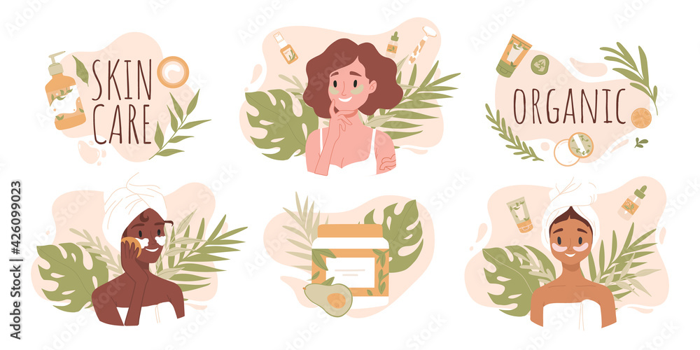 Skin care routine. Young girl face skin, organic natural cosmetic products. Korean cosmetics. Woman in towel portrait with eye patches, care supplies. Beauty procedures vector cartoon icon set.