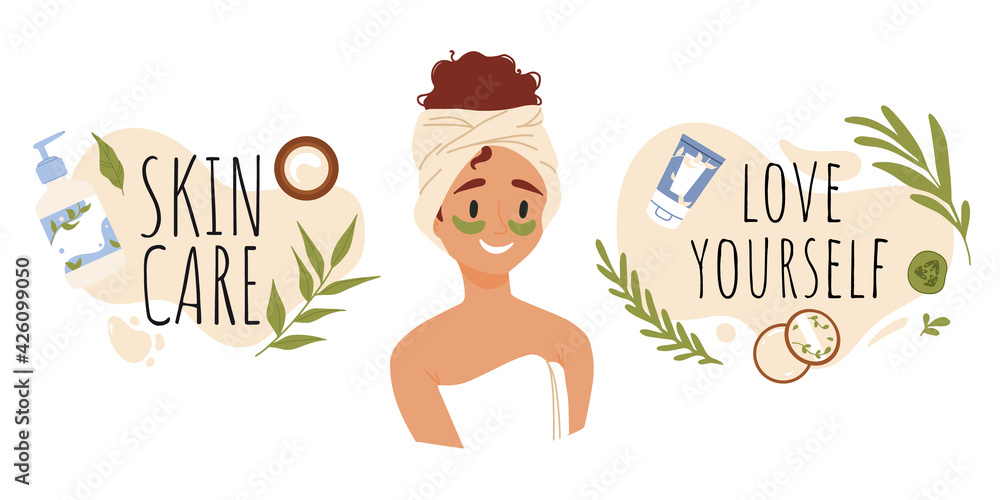 Fototapeta premium Skin care routine. Young girl face skin, organic natural cosmetic products. Korean cosmetics. Woman in towel portrait with eye patches, care supplies. Beauty procedures vector cartoon icon set.