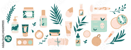 Skin care routine. Set of creams, oil, foam, shampoo, tonic, lotion, face mask, sponge, leaves. Cleansing and moisturizing. Vegan, cruelty free cosmetics, Natural organic eco herbal products
