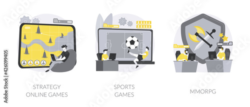 Playing computer games abstract concept vector illustrations.